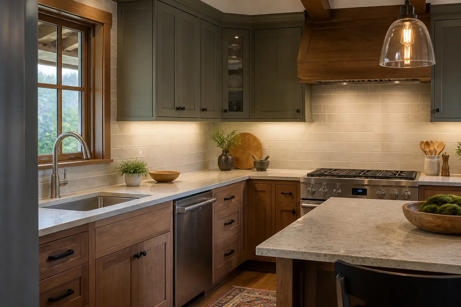 Warm Asheville kitchen with completed under-cabinet lighting