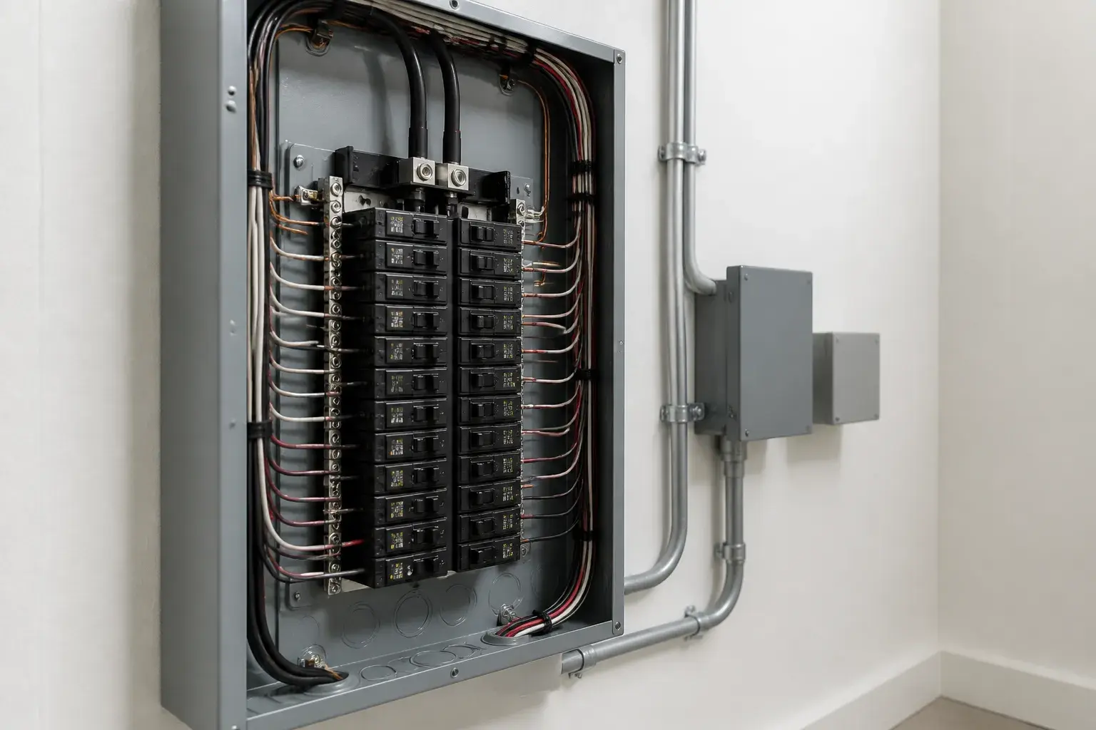 Clean upgraded electrical panel in a utility room