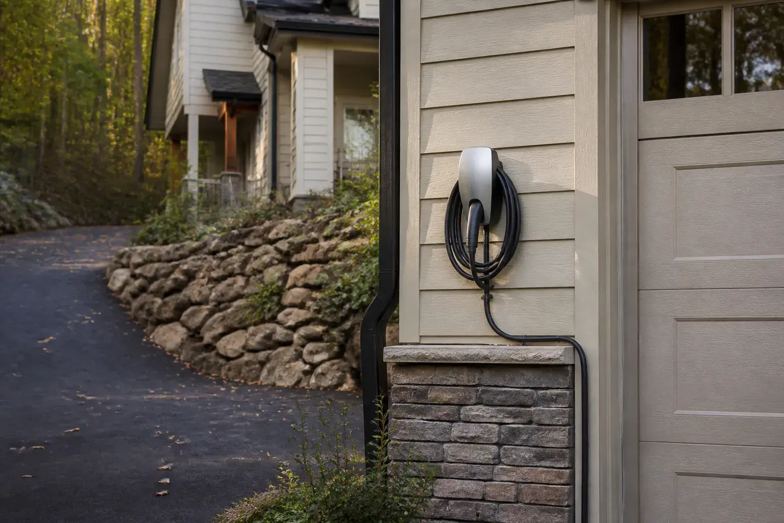 Finished EV charger installed beside an Asheville garage