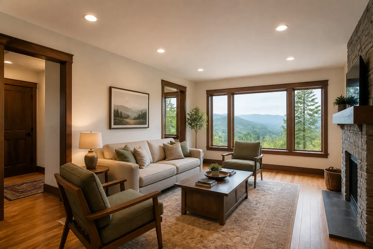 Finished Asheville living room with modern lighting and mountain views