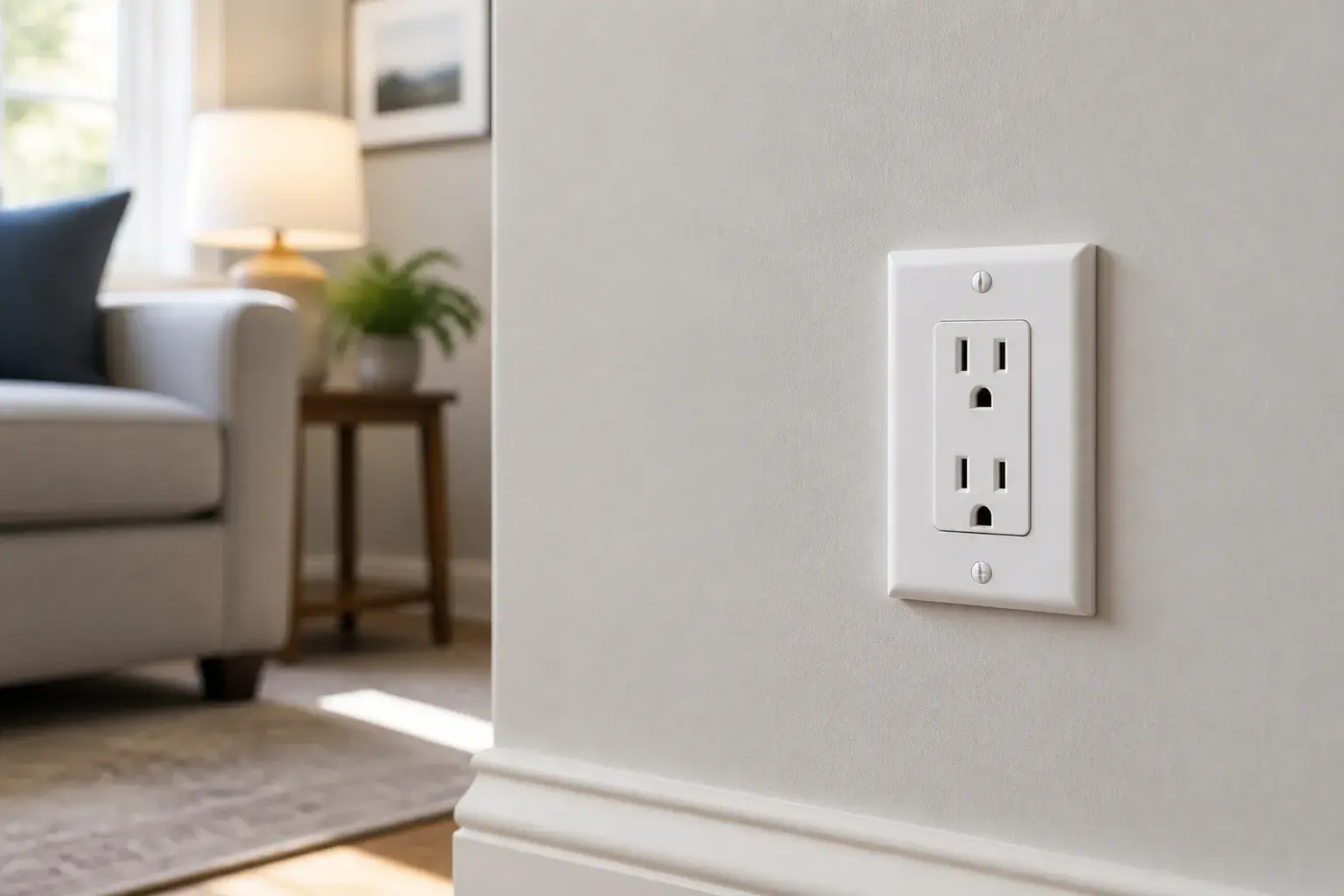 Restored wall outlet in a tidy home interior