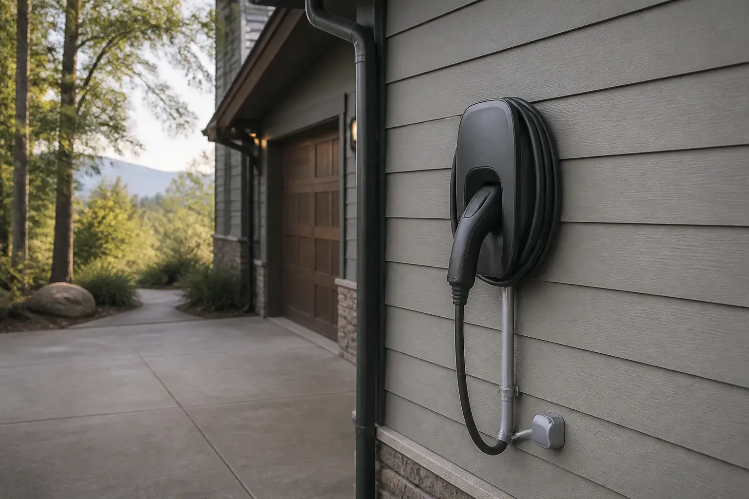 Exterior EV charger mounted neatly on a home wall