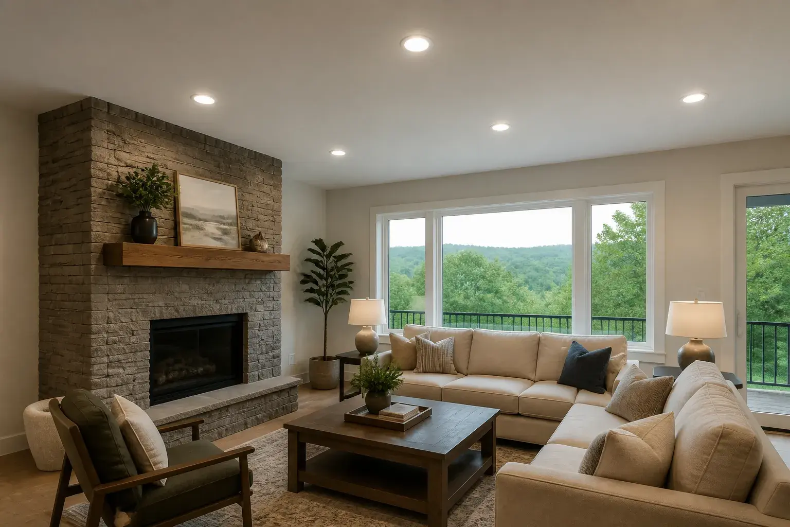 Evenly lit living room with finished recessed lighting