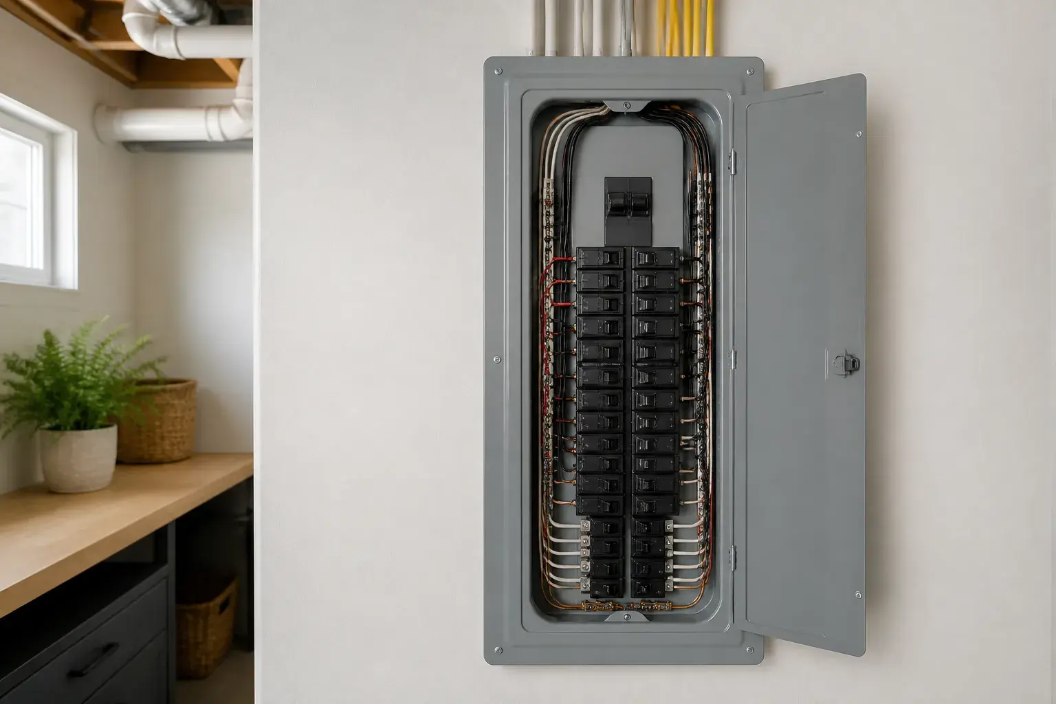 Modern upgraded electrical panel in a clean utility area